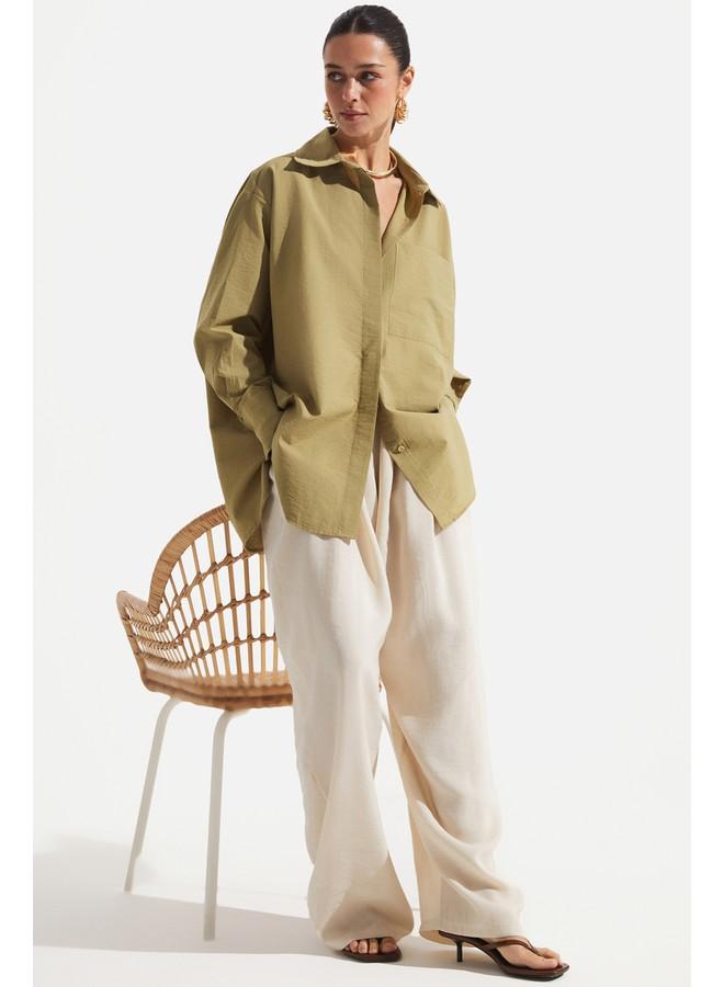 جون قميص جين جينز بقصة واسعة لون كاكي - Image 3