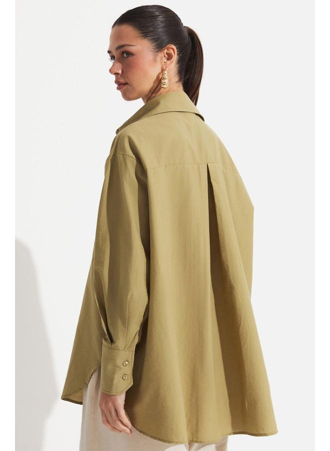 جون قميص جين جينز بقصة واسعة لون كاكي - Image 5