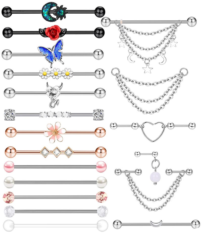Suotarn 14G Industrial Piercing Jewelry For Women Men Stainless Steel 38 Industrial Barbell Long Cartilage Helix Conch Earrings Stud 14G Gauges Industrial Jewelry Butterfly Heart Cool 17pcs (Set #1) - Image 1