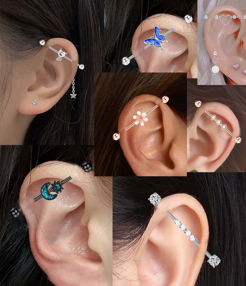 Suotarn 14G Industrial Piercing Jewelry For Women Men Stainless Steel 38 Industrial Barbell Long Cartilage Helix Conch Earrings Stud 14G Gauges Industrial Jewelry Butterfly Heart Cool 17pcs (Set #1) - Image 3