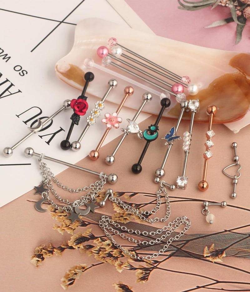 Suotarn 14G Industrial Piercing Jewelry For Women Men Stainless Steel 38 Industrial Barbell Long Cartilage Helix Conch Earrings Stud 14G Gauges Industrial Jewelry Butterfly Heart Cool 17pcs (Set #1) - Image 4