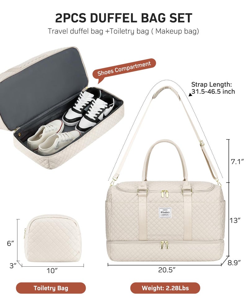WINDARS Travel Duffle Bag, Weekender Bags for Women with Shoe Compartment, Overnight Bag with Toiletry Bag, Carry On Duffel Bags For Airplanes, Yoga Gym Duffel Bag, Beige - Image 3