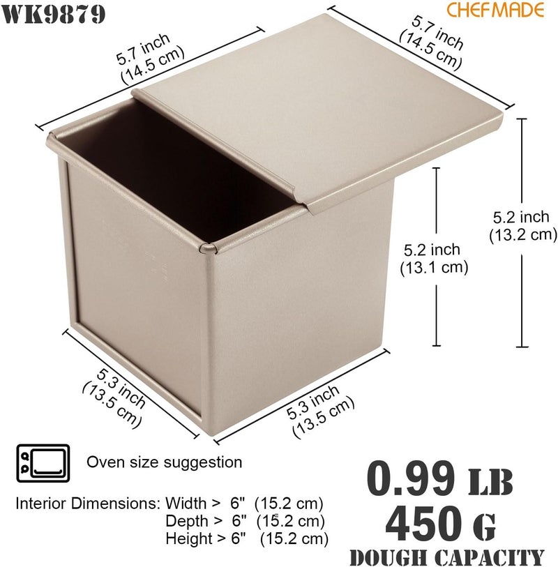 CHEFMADE Square Pullman Loaf Pan with Lid, 1Lb Dough Capacity Non-Stick Rectangle Flat Toast Box for Oven Baking 5.7" x 5.7"x 5.2"(Champagne Gold) - Image 2