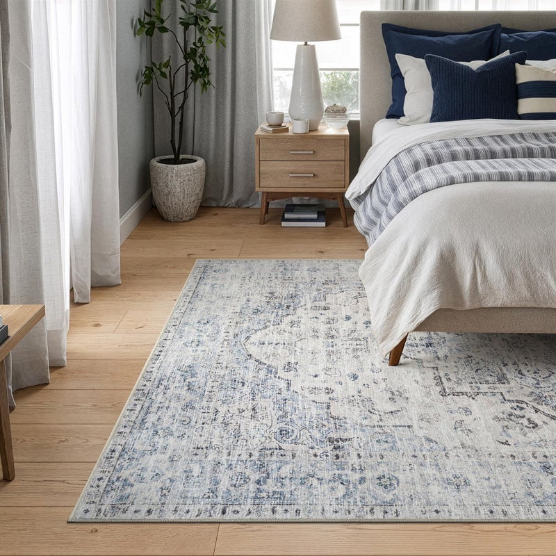 Bloom Rugs Caria Washable Non-Slip 4x6 Rug - Ivory/Blue/Gray Traditional Area Rug for Living Room, Bedroom, Dining Room, and Kitchen - Exact Size: 4' x 6' - Image 2