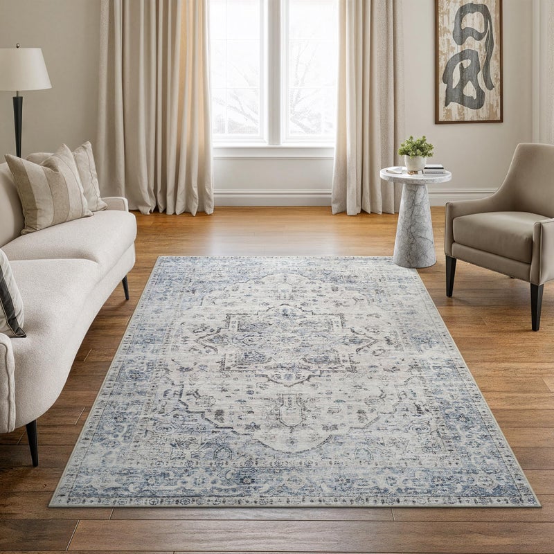 Bloom Rugs Caria Washable Non-Slip 4x6 Rug - Ivory/Blue/Gray Traditional Area Rug for Living Room, Bedroom, Dining Room, and Kitchen - Exact Size: 4' x 6' - Image 1
