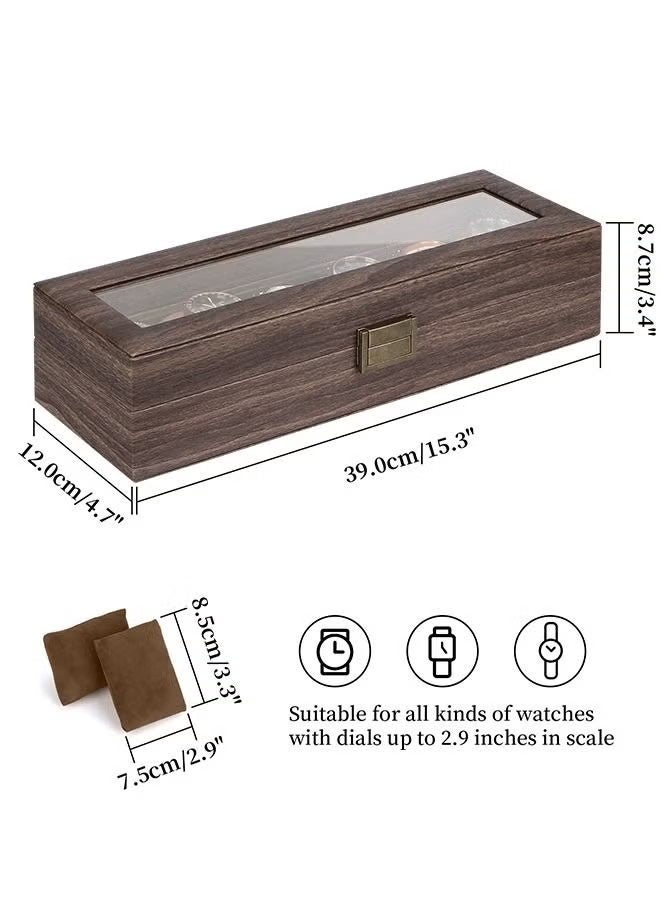 بيت إيزي صندوق ساعات خشبي رفيع الجودة بـ 6 مقاعد، قابل للفصل، مع غطاء زجاجي أنيق لعرض الساعات، وهو المنظم المثالي كهدية للساعات والمجوهرات والإكسسوارات (أبعاده 39×12×9 سم) - Image 2