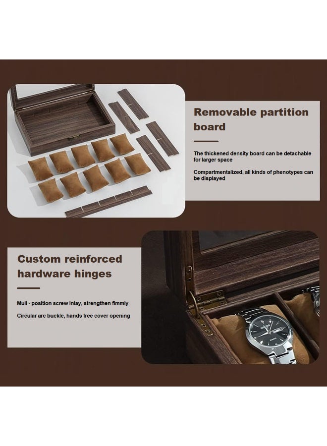 بيت إيزي صندوق ساعات خشبي رفيع الجودة بـ 6 مقاعد، قابل للفصل، مع غطاء زجاجي أنيق لعرض الساعات، وهو المنظم المثالي كهدية للساعات والمجوهرات والإكسسوارات (أبعاده 39×12×9 سم) - Image 3