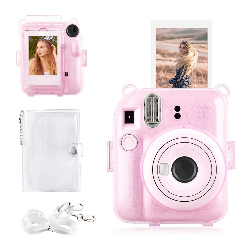 Rieibi Clear Case Compatible with Fuji Instax Mini 12 - Glitter Case Bag for Fujifilm Instax Mini 12 Instant Camera with Back Pocket, Strap and Photo Album - Glitter Pink - Image 1