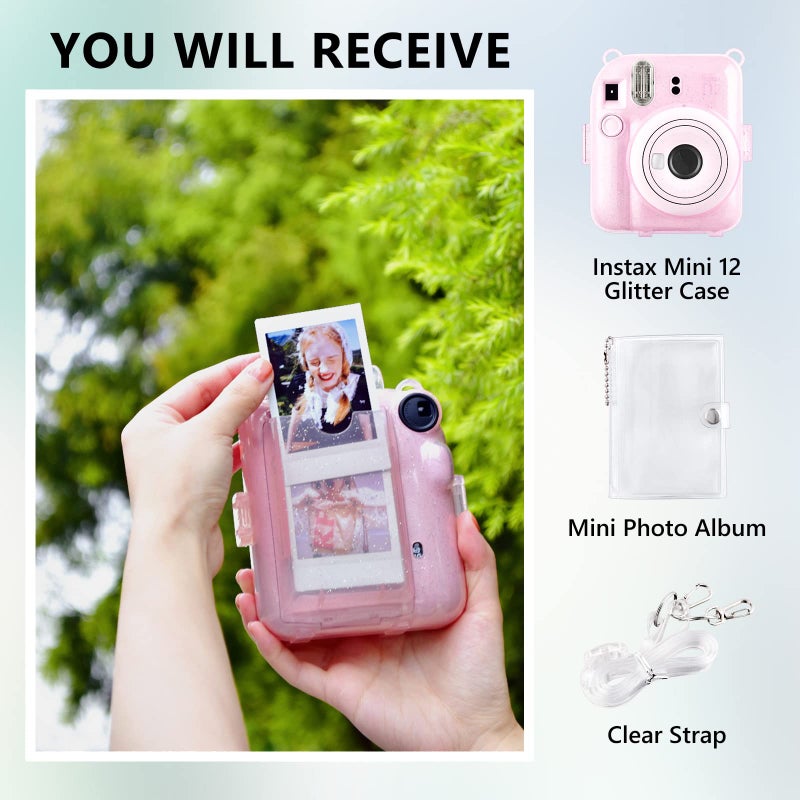 Rieibi Clear Case Compatible with Fuji Instax Mini 12 - Glitter Case Bag for Fujifilm Instax Mini 12 Instant Camera with Back Pocket, Strap and Photo Album - Glitter Pink - Image 2
