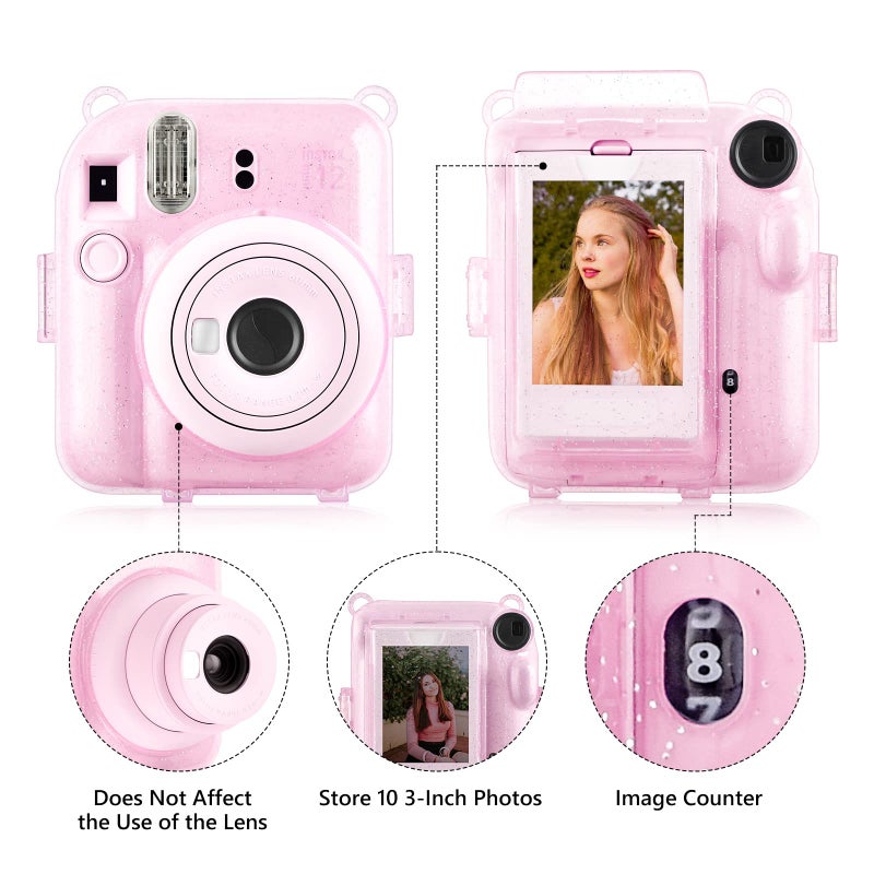 Rieibi Clear Case Compatible with Fuji Instax Mini 12 - Glitter Case Bag for Fujifilm Instax Mini 12 Instant Camera with Back Pocket, Strap and Photo Album - Glitter Pink - Image 4