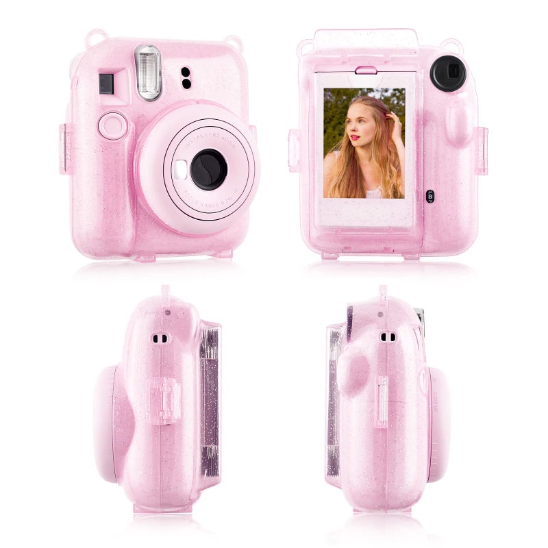 Rieibi Clear Case Compatible with Fuji Instax Mini 12 - Glitter Case Bag for Fujifilm Instax Mini 12 Instant Camera with Back Pocket, Strap and Photo Album - Glitter Pink - Image 3