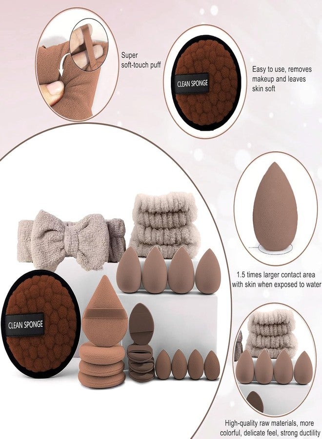 INOVERA (LABEL) 20 Pcs Makeup Sponge Set - Beauty Blender Sponges - Makeup Tool with Spa HeadBand, Wristbands & Reusable Cleaning Sponge for Women (Brown) - Image 2