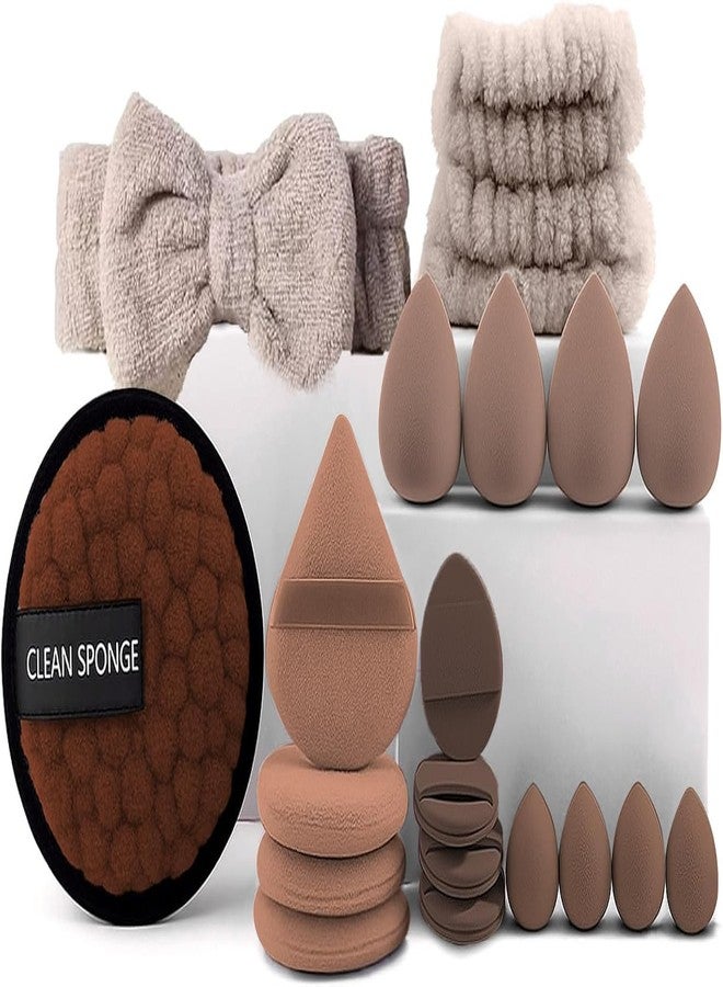 INOVERA (LABEL) 20 Pcs Makeup Sponge Set - Beauty Blender Sponges - Makeup Tool with Spa HeadBand, Wristbands & Reusable Cleaning Sponge for Women (Brown) - Image 1