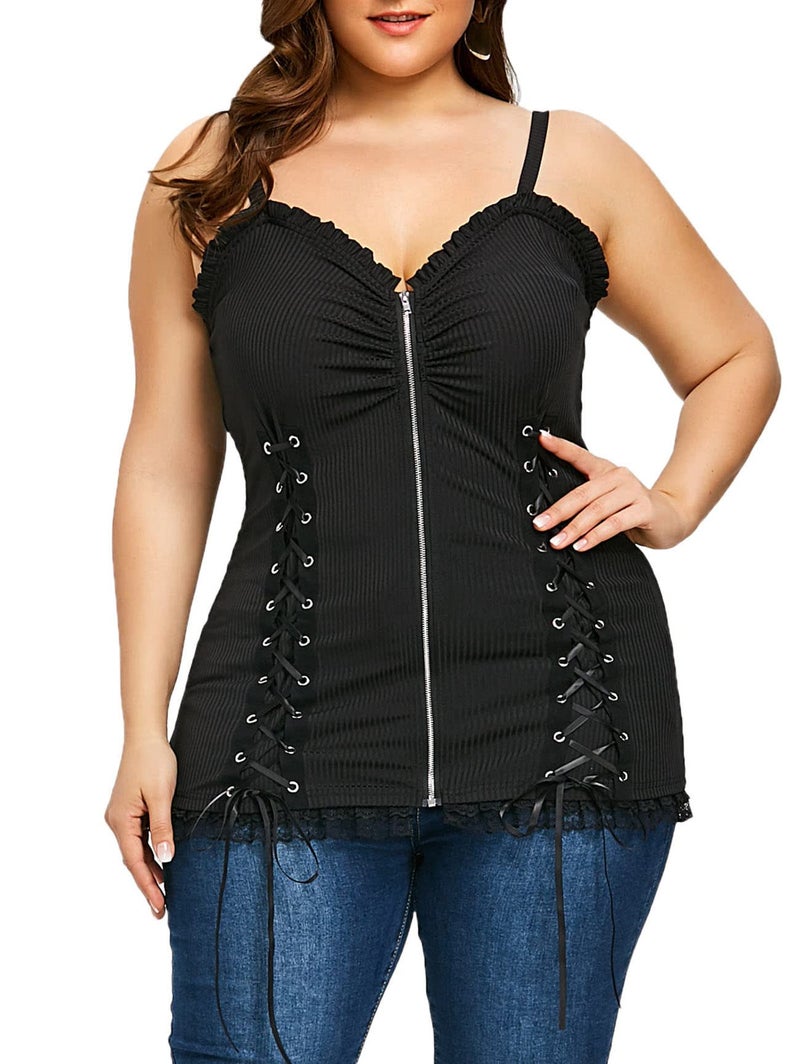 Nihsatin Women’s Plus Size Lace-Up Tank Top Front Zip Corset Cami with Adjustable Spaghetti Straps Black - Image 3