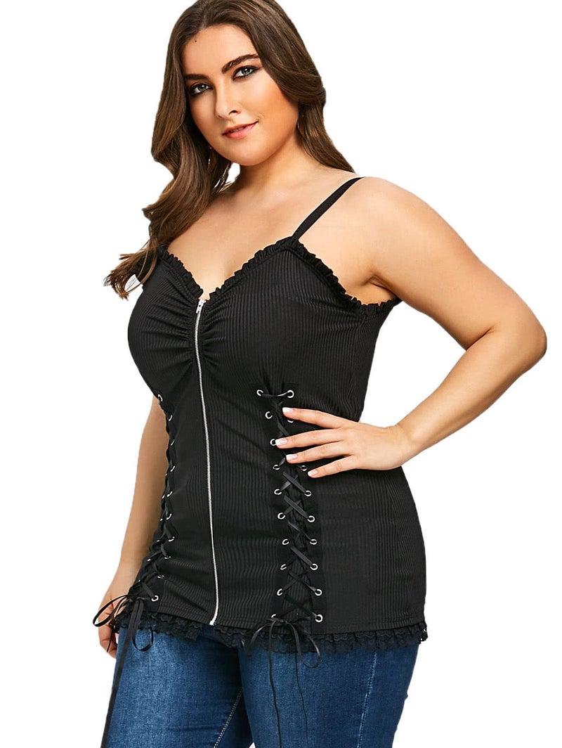 Nihsatin Women’s Plus Size Lace-Up Tank Top Front Zip Corset Cami with Adjustable Spaghetti Straps Black - Image 5