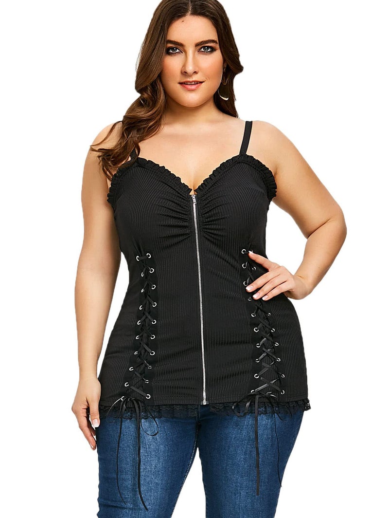 Nihsatin Women’s Plus Size Lace-Up Tank Top Front Zip Corset Cami with Adjustable Spaghetti Straps Black - Image 4