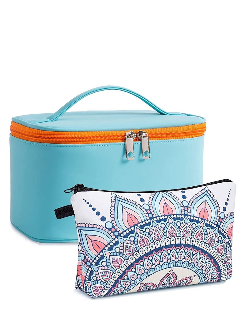 Suntown Makeup Bag Set Cosmetic Bag Organizer 2PACK Small Makeup Pouch for Purse for Women Girls (Blue + Geometric White) - Image 1
