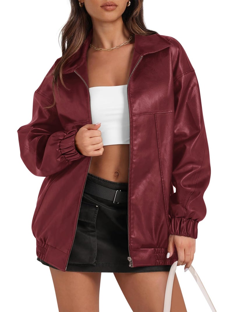 Yousify Womens Faux Leather Motorcycle Jacket 2026 Trendy Fall Clothes Oversized Casual Long Sleeve Zip Up Winter Coat Wine Red L - Image 2