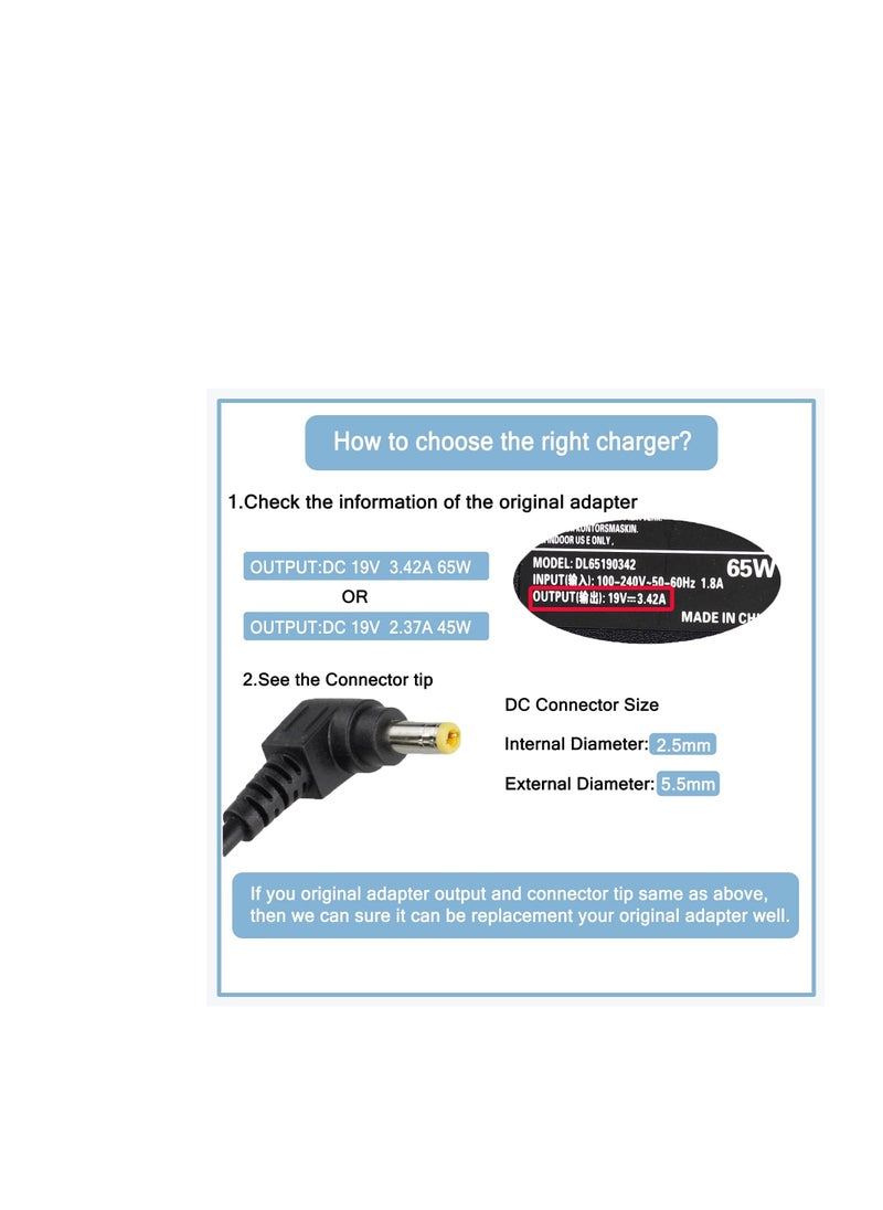 65W 19V 3.42A  AC Adapter for Toshiba Satellite C55 C55D C55DT C55T C75 C75D C655 C855 L55 L745 S55 C55-B5240X C55T-A5222 Asus Q551L Q301 U56E X551M X555L Power Cord Tip 5.5x2.5mm