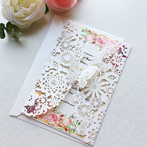 Hosmsua 50PCS 5.12 x 7.3 Ivory Laser Cut Lace Flora Wedding Invitation Cards with Butterfly and Envelopes for Bridal Shower Engagement Quinceañera Sweet 16 Birthday Wedding invite (Ivory) - Image 2