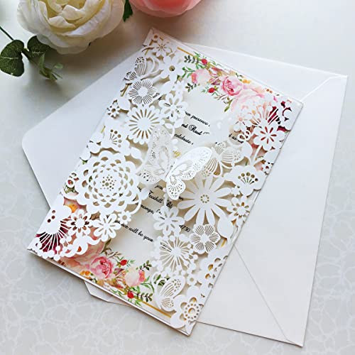 Hosmsua 50PCS 5.12 x 7.3 Ivory Laser Cut Lace Flora Wedding Invitation Cards with Butterfly and Envelopes for Bridal Shower Engagement Quinceañera Sweet 16 Birthday Wedding invite (Ivory) - Image 4