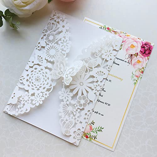 Hosmsua 50PCS 5.12 x 7.3 Ivory Laser Cut Lace Flora Wedding Invitation Cards with Butterfly and Envelopes for Bridal Shower Engagement Quinceañera Sweet 16 Birthday Wedding invite (Ivory) - Image 3