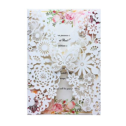 Hosmsua 50PCS 5.12 x 7.3 Ivory Laser Cut Lace Flora Wedding Invitation Cards with Butterfly and Envelopes for Bridal Shower Engagement Quinceañera Sweet 16 Birthday Wedding invite (Ivory) - Image 1