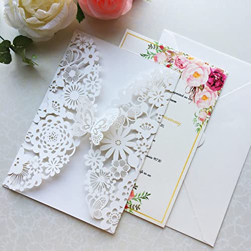 Hosmsua 50PCS 5.12 x 7.3 Ivory Laser Cut Lace Flora Wedding Invitation Cards with Butterfly and Envelopes for Bridal Shower Engagement Quinceañera Sweet 16 Birthday Wedding invite (Ivory) - Image 5