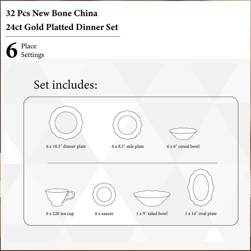 شالو طقم عشاء "ROSY" مسطح مكون من 32 قطعة (New Bone China) لـ 6 أشخاص - أبيض بنقوش زهور زرقاء؛ أواني مائدة أنيقة للاستخدام اليومي، وجبات البرانش، ركن القهوة، شهر رمضان، الأعياد، وللإهداء. - Image 5