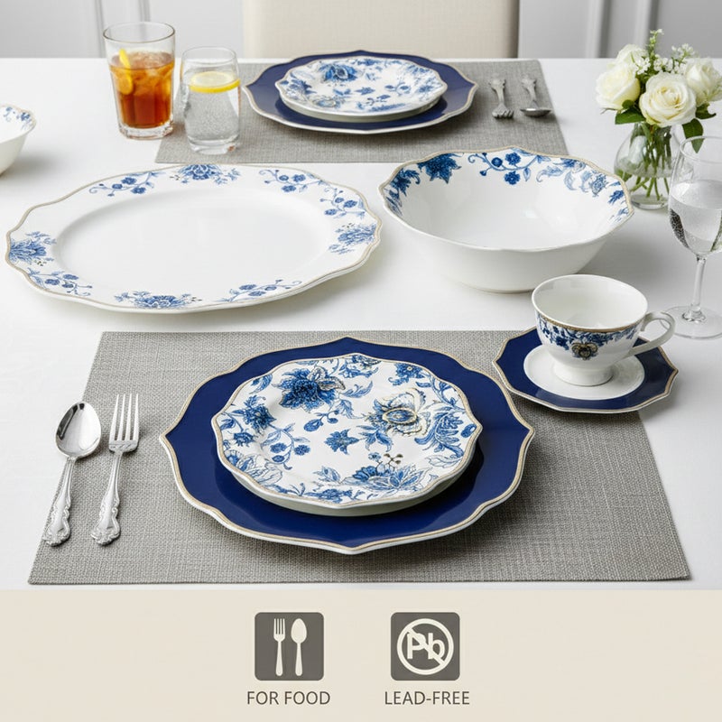 شالو طقم عشاء "ROSY" مسطح مكون من 32 قطعة (New Bone China) لـ 6 أشخاص - أبيض بنقوش زهور زرقاء؛ أواني مائدة أنيقة للاستخدام اليومي، وجبات البرانش، ركن القهوة، شهر رمضان، الأعياد، وللإهداء. - Image 3