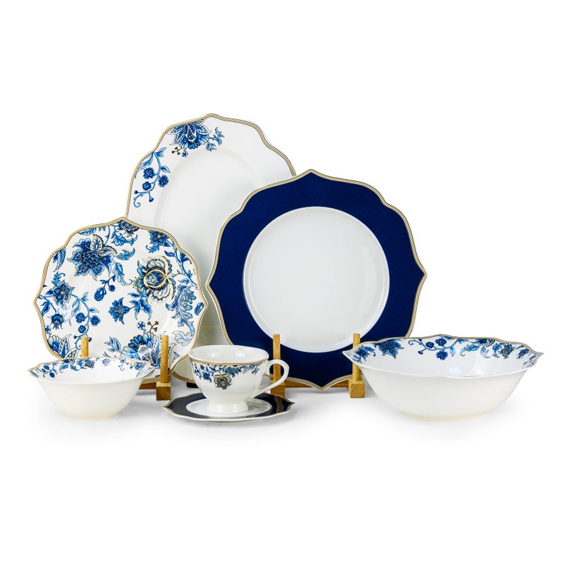 شالو طقم عشاء "ROSY" مسطح مكون من 32 قطعة (New Bone China) لـ 6 أشخاص - أبيض بنقوش زهور زرقاء؛ أواني مائدة أنيقة للاستخدام اليومي، وجبات البرانش، ركن القهوة، شهر رمضان، الأعياد، وللإهداء. - Image 1