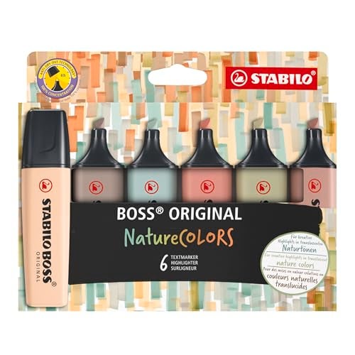 STABILO Aesthetic Highlighter Pen Set | BOSS ORIGINAL NatureCOLORS | Pack of 6 | Beige, Warm Grey, Earth Green, Sienna, Mud Green, Umber - Image 1