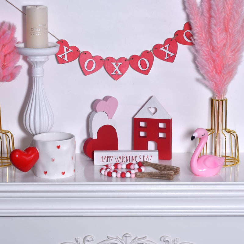 Ovootok Valentine's Day Tiered Tray Decor, 6-Piece Wooden Heart & House Table Decorations for Valentines Day with Wood Bead Garland with Tassel, Happy Valentine's Day Decor for the Home Mantels (3 colors) - Image 4