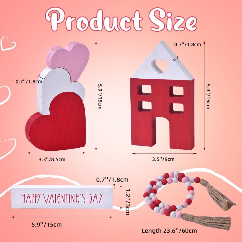 Ovootok Valentine's Day Tiered Tray Decor, 6-Piece Wooden Heart & House Table Decorations for Valentines Day with Wood Bead Garland with Tassel, Happy Valentine's Day Decor for the Home Mantels (3 colors) - Image 2