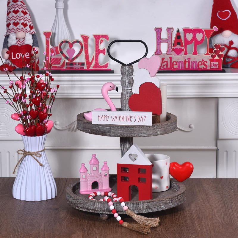 Ovootok Valentine's Day Tiered Tray Decor, 6-Piece Wooden Heart & House Table Decorations for Valentines Day with Wood Bead Garland with Tassel, Happy Valentine's Day Decor for the Home Mantels (3 colors) - Image 3