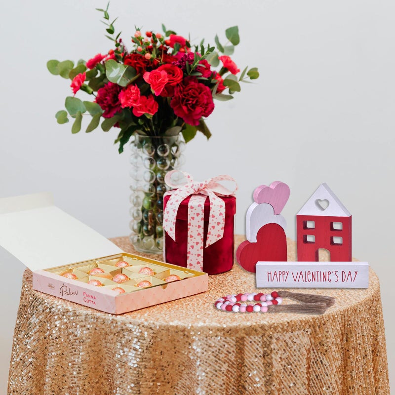 Ovootok Valentine's Day Tiered Tray Decor, 6-Piece Wooden Heart & House Table Decorations for Valentines Day with Wood Bead Garland with Tassel, Happy Valentine's Day Decor for the Home Mantels (3 colors) - Image 5