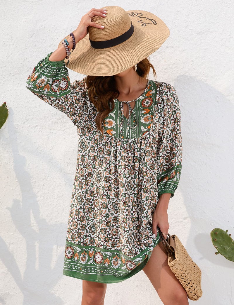 Bluetime Women Casual Summer Dress Boho V Neck 3/4 Sleeve Babydoll Floral Print Flowy Beach Dress (XXL, Dark Green) - Image 2