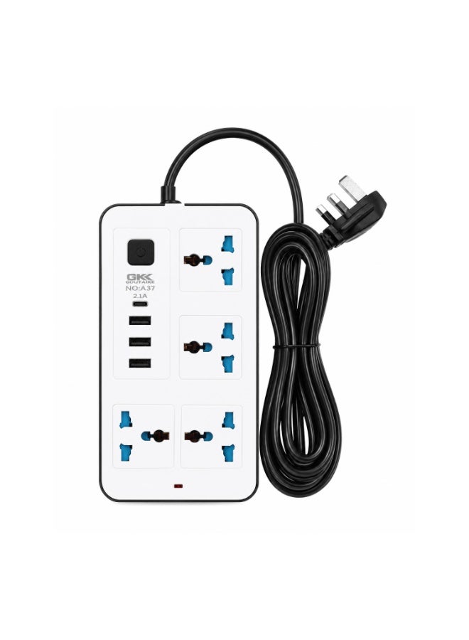 جي كي كي لوحة تمديد الطاقة GKK GUOKANG A37 مزودة بـ 4 منافذ كهربائية عالمية، و3 منافذ USB، ومنفذ شحن سريع PD، بقدرة 2000 واط، وسلك طاقة بطول مترين، ومقبس تمديد متعدد المقابس 10 أمبير - أبيض - Image 3