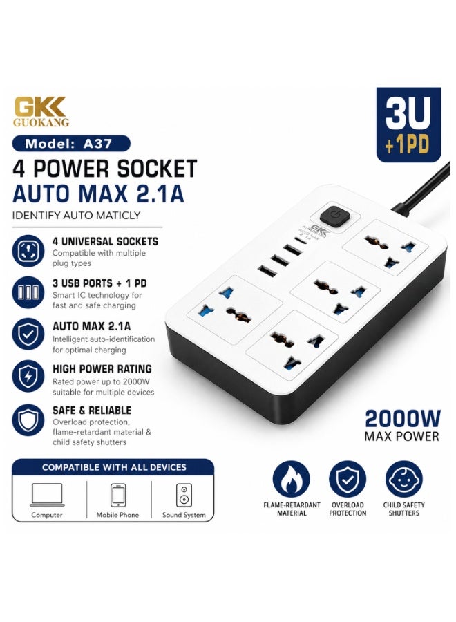 جي كي كي لوحة تمديد الطاقة GKK GUOKANG A37 مزودة بـ 4 منافذ كهربائية عالمية، و3 منافذ USB، ومنفذ شحن سريع PD، بقدرة 2000 واط، وسلك طاقة بطول مترين، ومقبس تمديد متعدد المقابس 10 أمبير - أبيض - Image 2