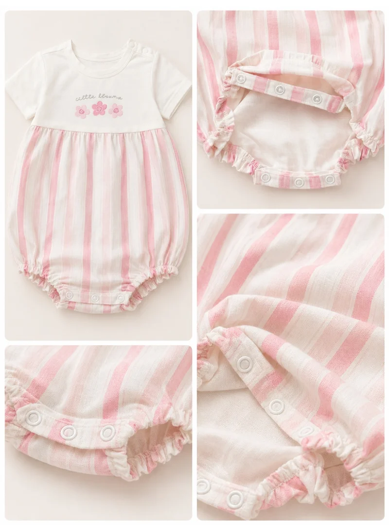 Victor And Jane  Infant Girls Floral Yoke Bubble Romper with Purple Stripe Bottom for Women | Best Price UAE