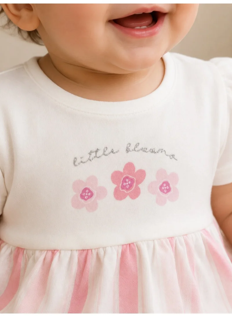 فكتور اند جين Infant Girls Floral Yoke Bubble Romper with Purple Stripe Bottom