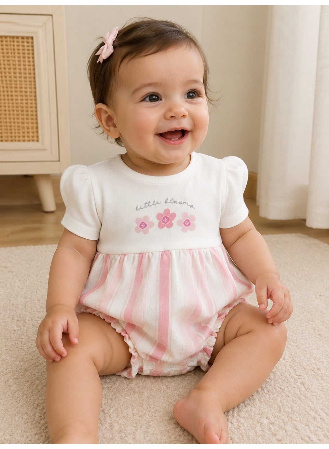 victor and jane Infant Girls Floral Yoke Bubble Romper with Purple Stripe Bottom