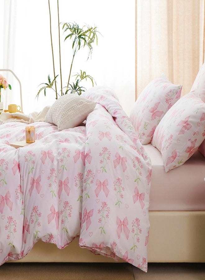 CCoutueChen Duvet Cover Queen 3Pcs Pink Floral Bow Bedding Set for Girls Kids, Romantic Princess Style Bowknot Bedding, Ultra Soft Reversible Garden Flower Duvet Cover Set(2 Pillowcases,No Comforter) - Image 3