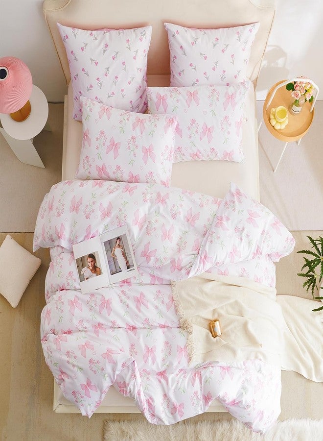 CCoutueChen Duvet Cover Queen 3Pcs Pink Floral Bow Bedding Set for Girls Kids, Romantic Princess Style Bowknot Bedding, Ultra Soft Reversible Garden Flower Duvet Cover Set(2 Pillowcases,No Comforter) - Image 4