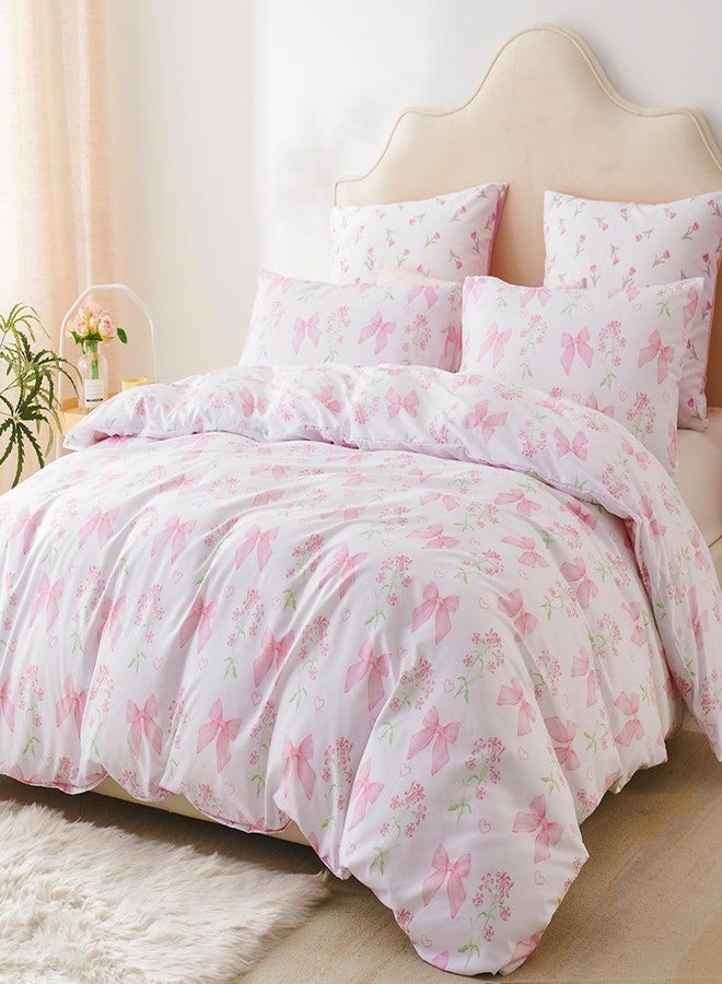 CCoutueChen Duvet Cover Queen 3Pcs Pink Floral Bow Bedding Set for Girls Kids, Romantic Princess Style Bowknot Bedding, Ultra Soft Reversible Garden Flower Duvet Cover Set(2 Pillowcases,No Comforter) - Image 1