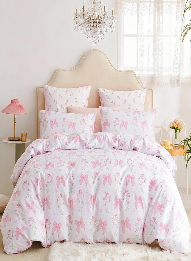 CCoutueChen Duvet Cover Queen 3Pcs Pink Floral Bow Bedding Set for Girls Kids, Romantic Princess Style Bowknot Bedding, Ultra Soft Reversible Garden Flower Duvet Cover Set(2 Pillowcases,No Comforter) - Image 2