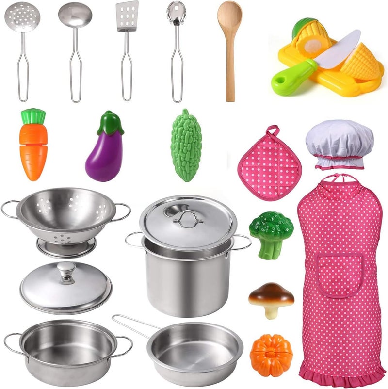 Masroo Kitchen Pretend Play Toys with Stainless Steel Pots and Pans Kitchen Utensils Apron and Chef Hat Cutting Vegetables for Kids, Girls, Boys and Toddlers - Image 1