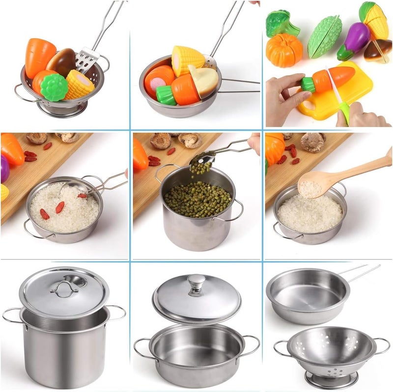 Masroo Kitchen Pretend Play Toys with Stainless Steel Pots and Pans Kitchen Utensils Apron and Chef Hat Cutting Vegetables for Kids, Girls, Boys and Toddlers - Image 5
