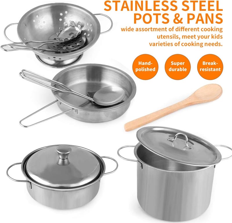 Masroo Kitchen Pretend Play Toys with Stainless Steel Pots and Pans Kitchen Utensils Apron and Chef Hat Cutting Vegetables for Kids, Girls, Boys and Toddlers - Image 3