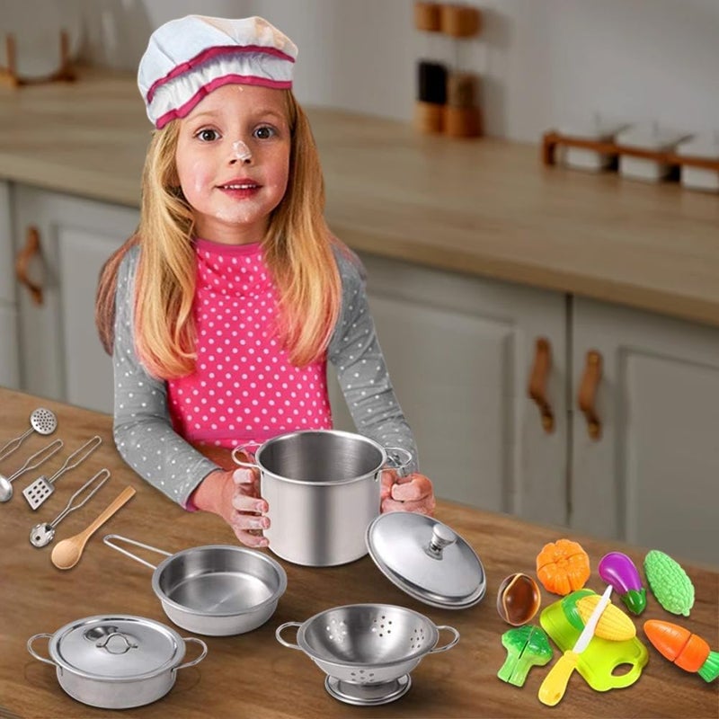 Masroo Kitchen Pretend Play Toys with Stainless Steel Pots and Pans Kitchen Utensils Apron and Chef Hat Cutting Vegetables for Kids, Girls, Boys and Toddlers - Image 2